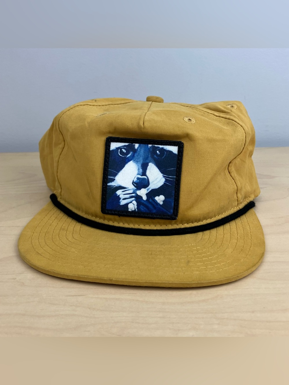 FLYN Snapback Rope Trucker Hat Yellow Raccoon Patch Logo